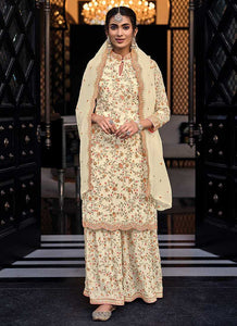 Cream Floral Embroidered Palazzo Style Suit fashionandstylish.myshopify.com
