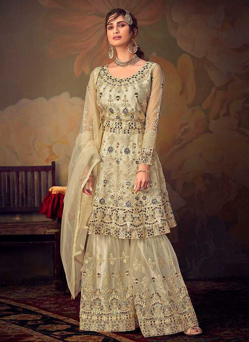 Cream Heavy Embroidered Net Sharara Style Suit fashionandstylish.myshopify.com