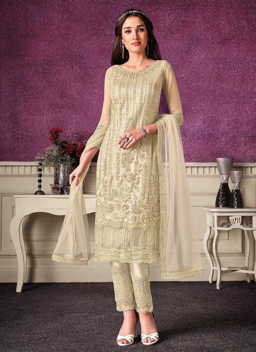 Cream Heavy Net Embroidered Straight Pant Style Suit fashionandstylish.myshopify.com