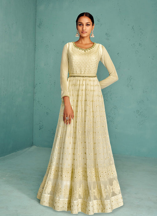 Cream White Heavy Embroidered Anarkali Suit