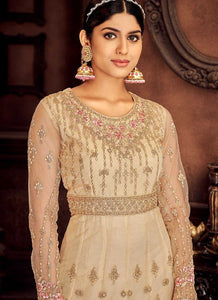 Cream and Pink Embroidered Kalidar Designer Anarkali Suit fashionandstylish.myshopify.com
