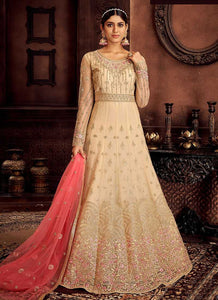 Cream and Pink Embroidered Kalidar Designer Anarkali Suit fashionandstylish.myshopify.com