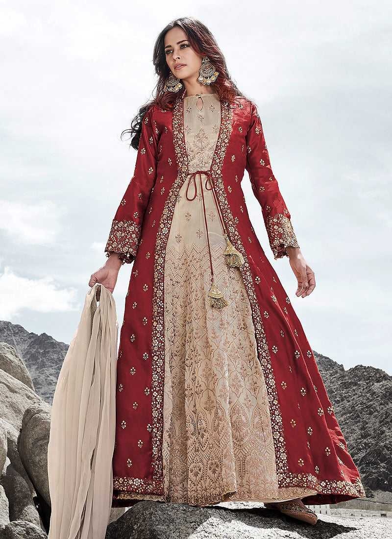 Cream and Red Heavy Embroidered Jacket Style Anarkali Suit
