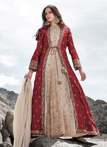Cream and Red Heavy Embroidered Jacket Style Anarkali Suit fashionandstylish.myshopify.com