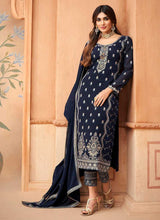 Load image into Gallery viewer, Dark Blue Embroidered Straight Pant Style Suit fashionandstylish.myshopify.com
