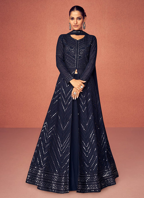 Dark Blue Heavy Embroidered Floor touch Kalidar Anarkali