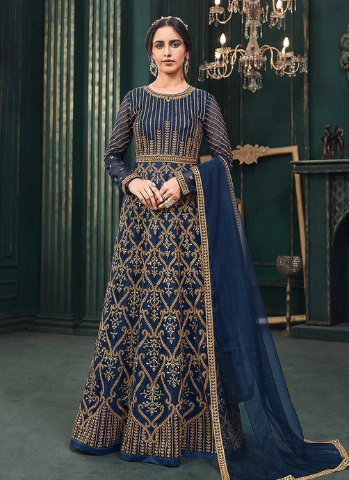 Dark Blue Heavy Embroidered Kalidar Anarkali Style Suit fashionandstylish.myshopify.com