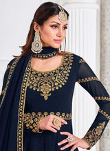 Load image into Gallery viewer, Dark Blue Heavy Embroidered Kalidar Anarkali Suit fashionandstylish.myshopify.com
