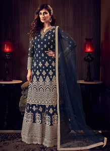 Dark Blue Heavy Embroidered Sharara Style Suit fashionandstylish.myshopify.com