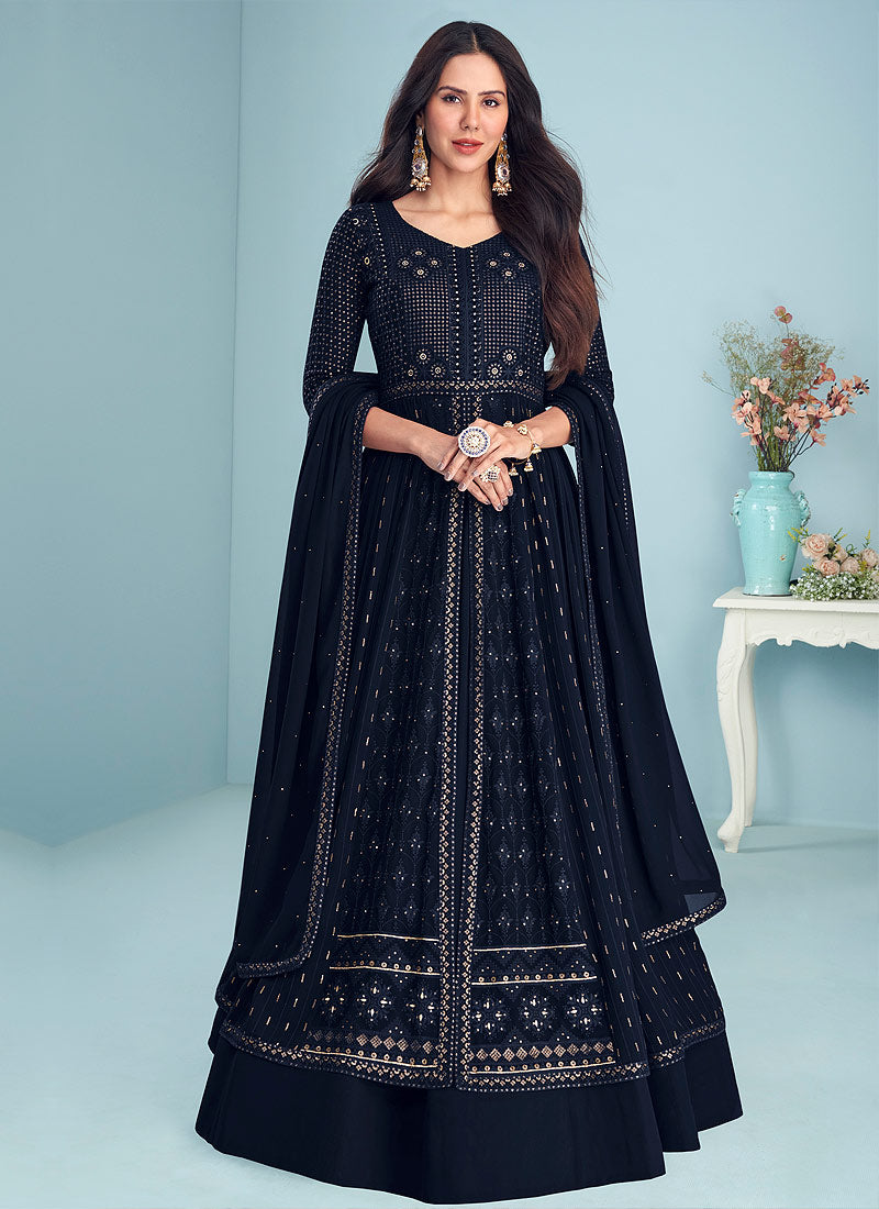 Dark Blue Sequins Embroidered Kalidar Anarkali