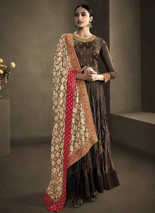 Dark Brown Kalidar Embroidered Anarkali Style Suit fashionandstylish.myshopify.com