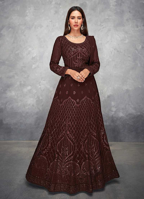 Dark Brown Sequin Embroidered Floor touch Anarkali fashionandstylish.myshopify.com