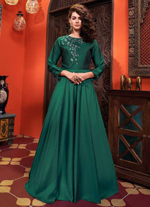 Dark Green Embroidered Art Silk Gown fashionandstylish.myshopify.com