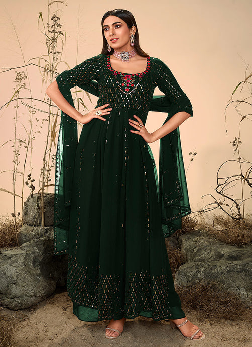 Dark Green Embroidered Stylish Palazzo Suit