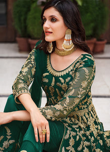 Dark Green Floral Designer Embroidered Kalidar Anarkali