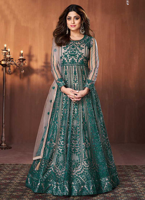 Dark Green Floral Embroidered Kalidar Anarkali Suit fashionandstylish.myshopify.com