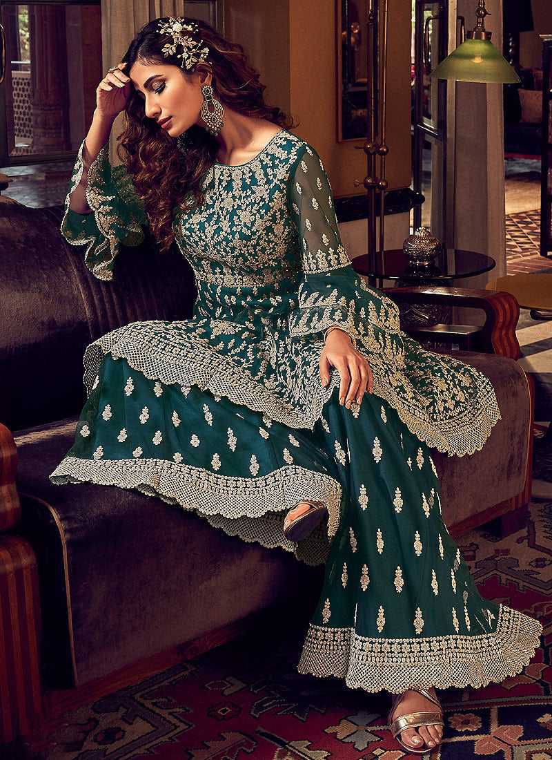 Dark Green Heavy Embroidered Sharara Style Suit Fashneo Dark Green Heavy Embroidered Sharara Style Suit Fashneo