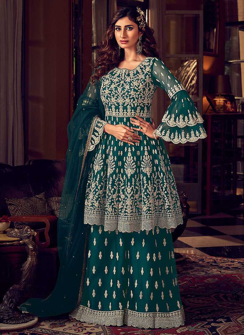 Dark Green Heavy Embroidered Sharara Style Suit Dark Green Heavy Embroidered Sharara Style Suit