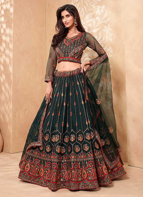 Dark Green Heavy Floral Embroidered Stylish Lehenga Choli fashionandstylish.myshopify.com