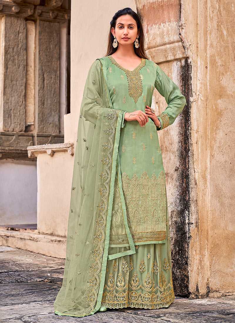 Dark Green and Gold Heavy Embroidered Designer Palazzo Style Suit fashionandstylish.myshopify.com