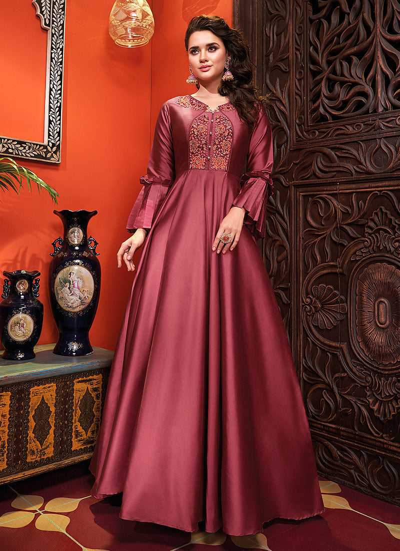 Dark Pink Embroidered Art Silk Gown Fashneo Dark Pink Embroidered Art Silk Gown Fashneo
