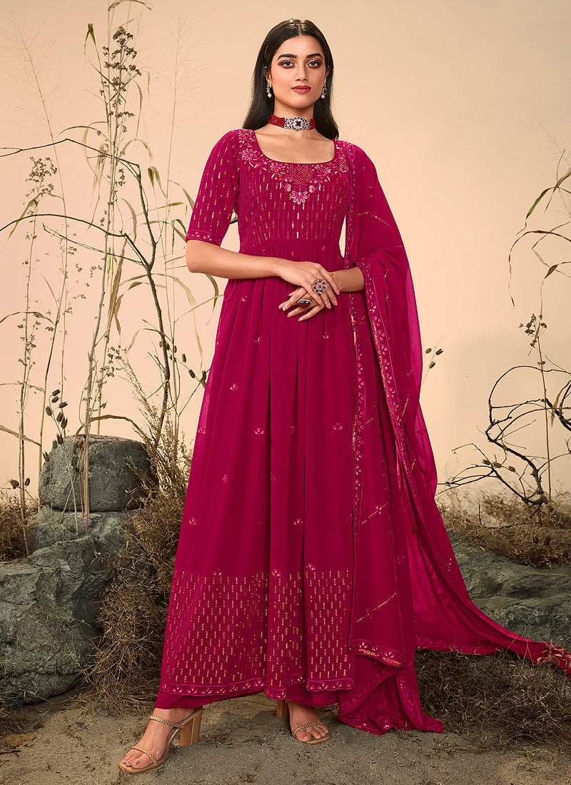 Dark Pink Embroidered Stylish Palazzo Suit