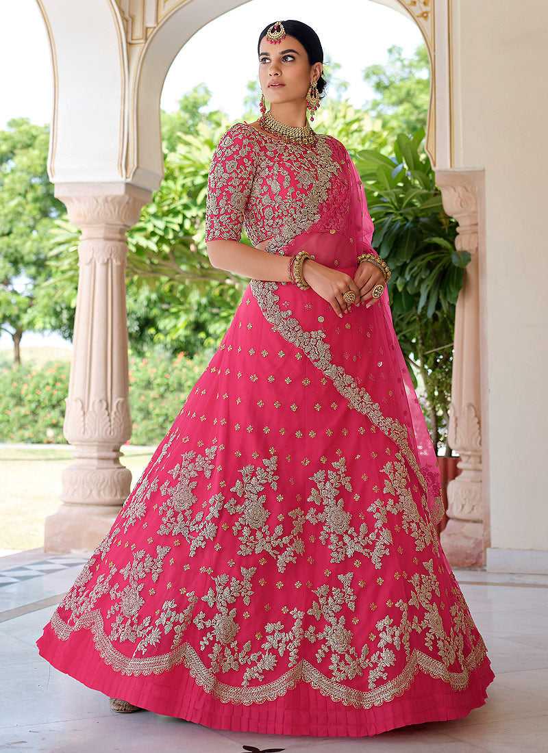 Dark Pink Floral Embroidered Stylish Wedding Lehenga Dark Pink / Thread / Net