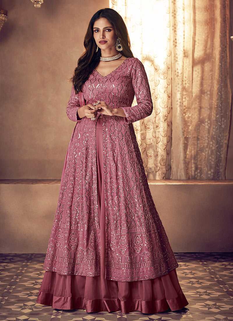 Dark Pink Heavy Embroidered Kalidar Gown Style Anarkali Dark Pink / Thread / Georgette