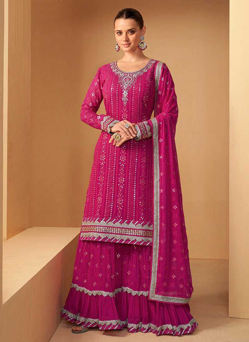 Dark Pink Sequin Embroidered Sharara Suit