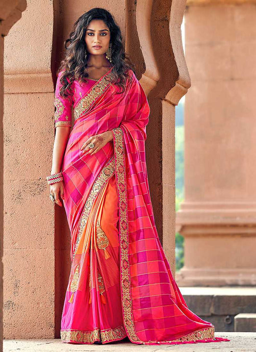 Dark Pink and Peach Embroidered Bollywood Style Saree fashionandstylish.myshopify.com