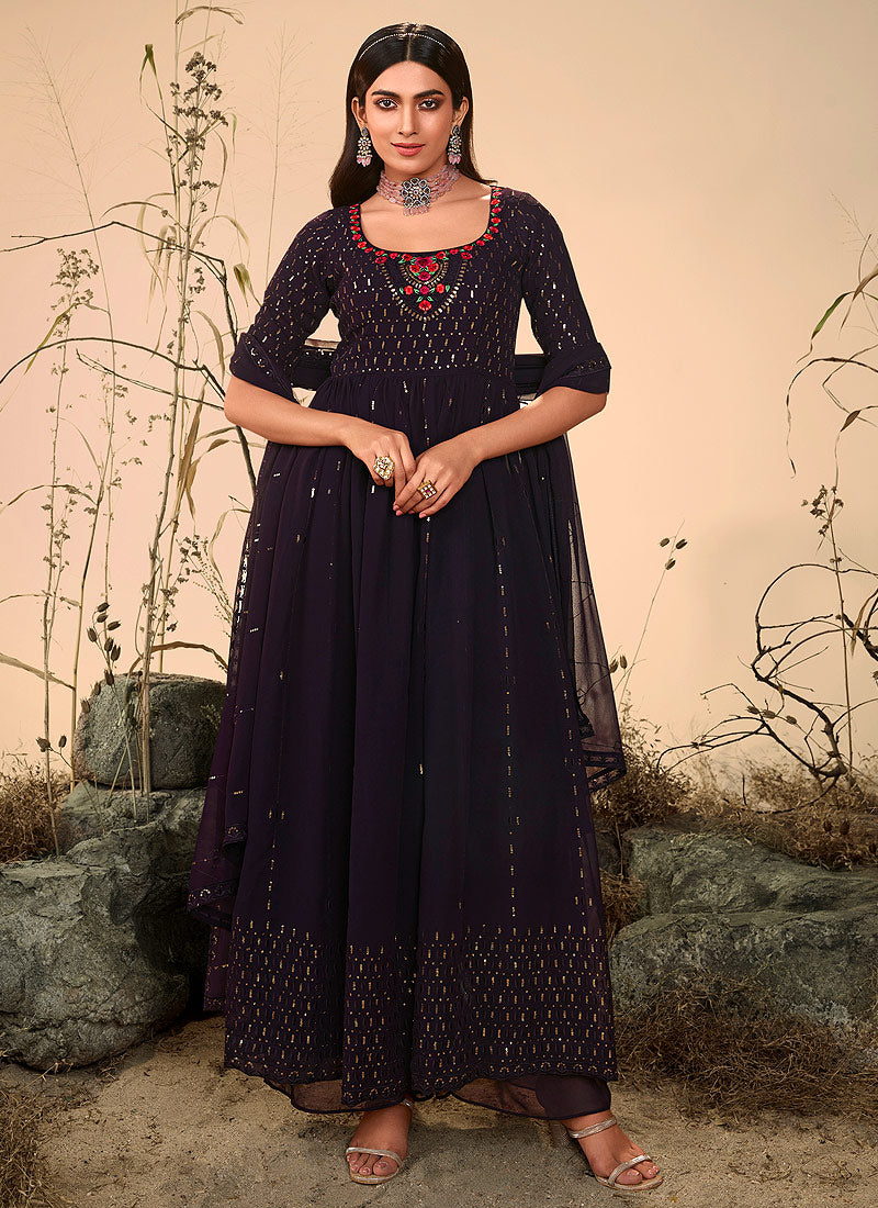 Dark Purple Embroidered Stylish Palazzo Suit