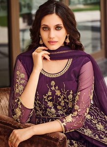 Dark Purple Floral Designer Embroidered Kalidar Anarkali