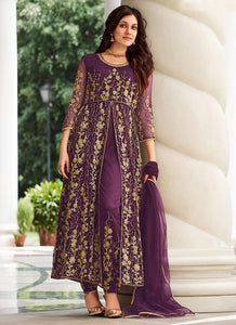 Dark Purple Floral Designer Embroidered Kalidar Anarkali