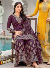 Load image into Gallery viewer, Dark Purple Heavy Embroidered Palazzo Style Suit fashionandstylish.myshopify.com
