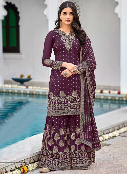 Dark Purple Heavy Embroidered Palazzo Style Suit fashionandstylish.myshopify.com