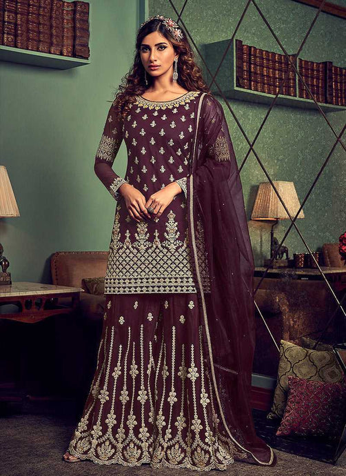 Dark Purple Heavy Embroidered Sharara Style Suit fashionandstylish.myshopify.com