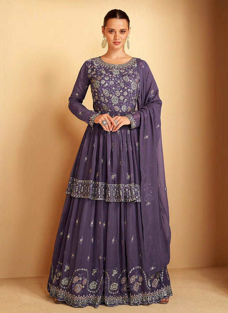 Dark Purple Sequin Embroidered Sharara Suit