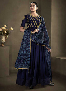 Deep Blue Kalidar Embroidered Anarkali Style Suit fashionandstylish.myshopify.com