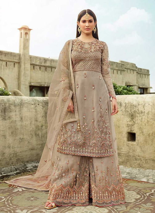 Dust Grey Heavy Embroidered Sharara Style Suit fashionandstylish.myshopify.com