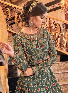 Dusty Green and Gold Heavy Embroidered Anarkali fashionandstylish.myshopify.com