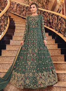 Dusty Green and Gold Heavy Embroidered Anarkali fashionandstylish.myshopify.com