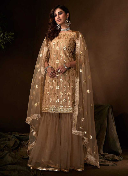 Golden Beige Sequins Work Embroidered Gharara Style Suit fashionandstylish.myshopify.com