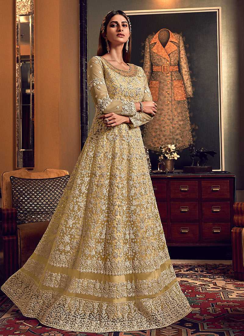 Golden Cream Heavy Embroidered Gown Style Anarkali Suit – Fashneo