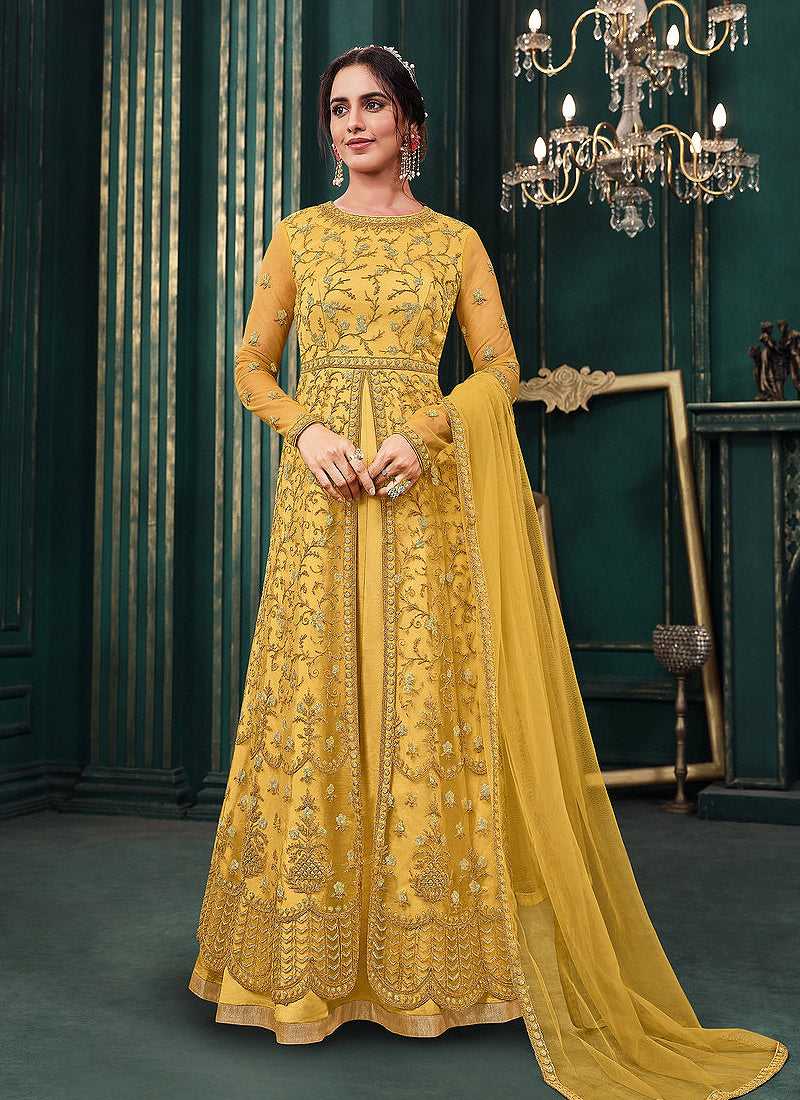 Golden Yellow Heavy Embroidered Slit Style Anarkali Suit Yellow / Zari / Net