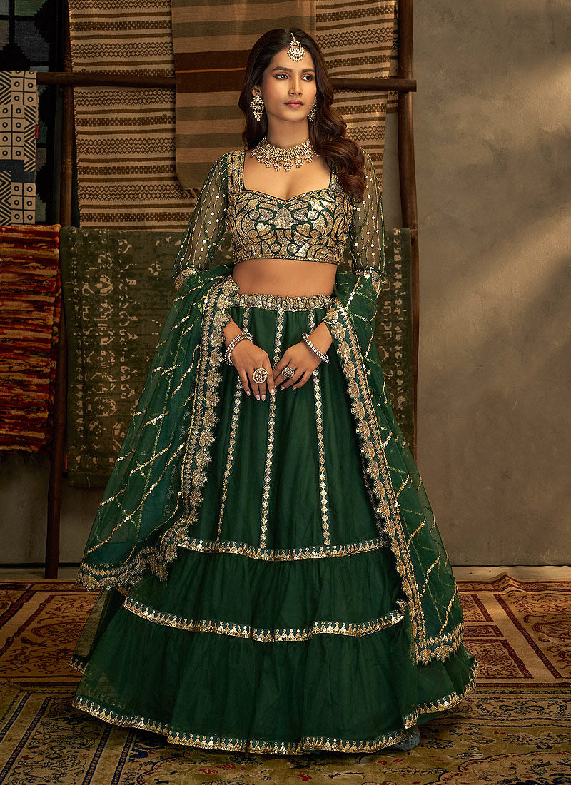 Green and Gold Stylish Embroidered Lehenga Choli Green / Zari / Georgette, image size:800x1100