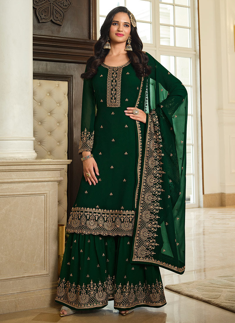 Green Color Heavy Embroidered Gharara Style Suit