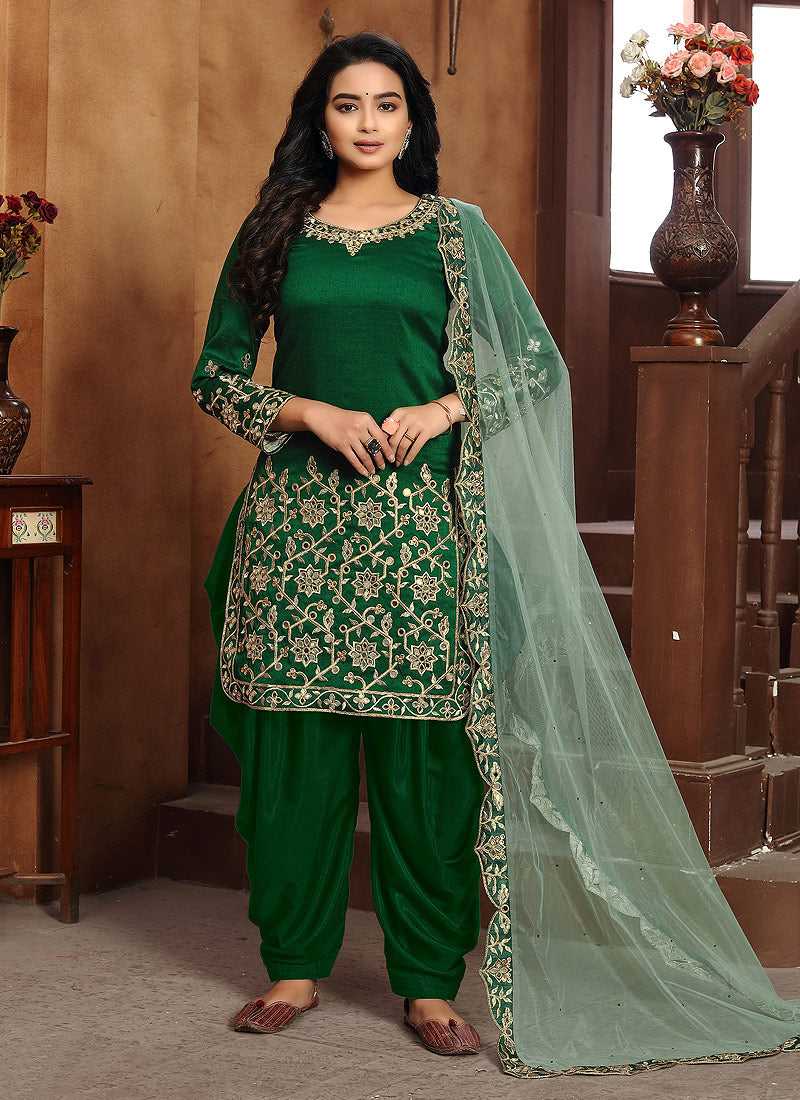 Green Embroidered Classic Punjabi Suit Green / Thread / Silk
