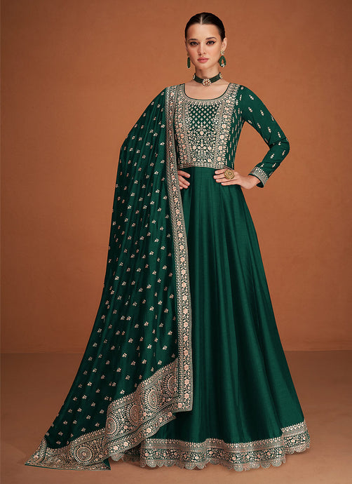 Green Embroidered Designer Kalidar Anarkali Suit