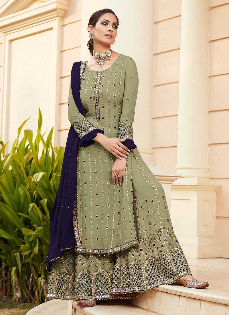Green Embroidered Mirror Work Palazzo Style Suit fashionandstylish.myshopify.com