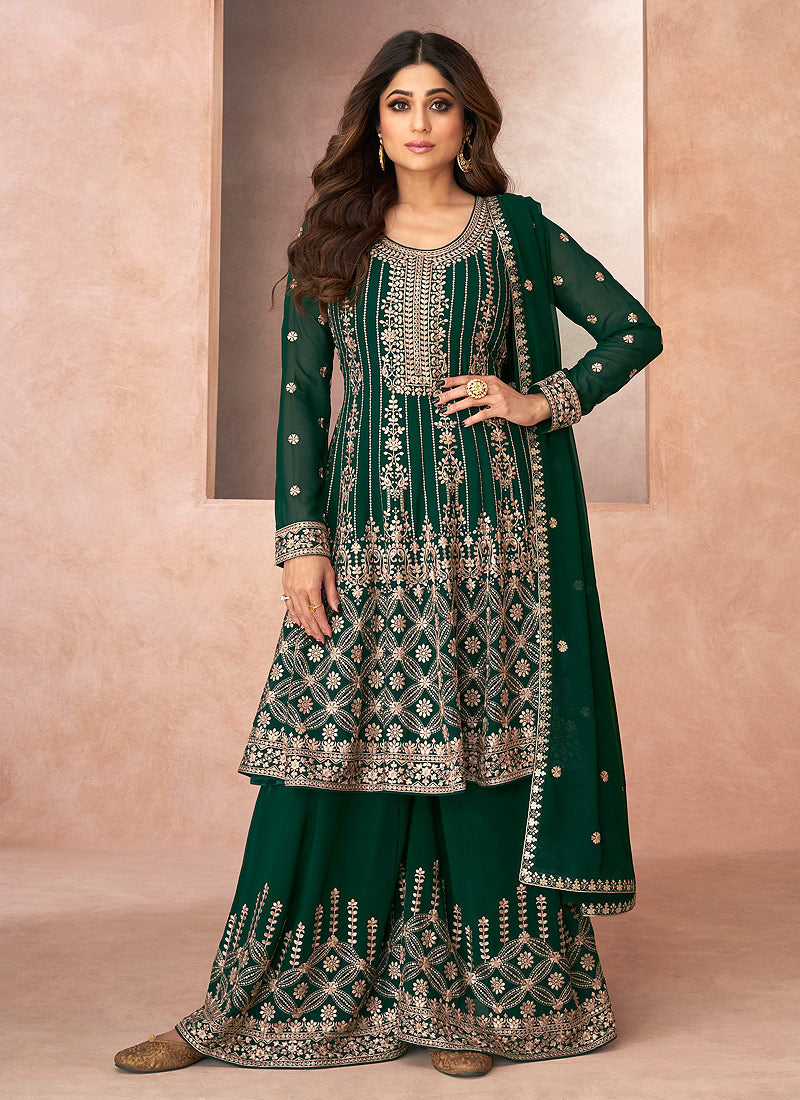 Green Embroidered Sharara Style Suit